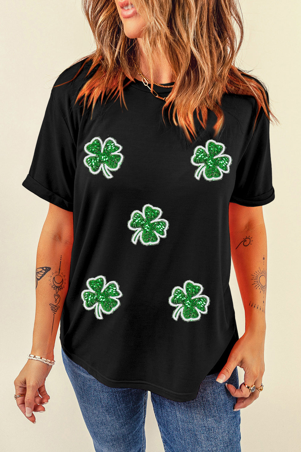 Black Four Leaf Clover Graphic Tee for St Patrick’s Day