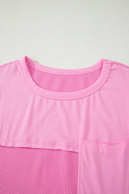Waffle Knit Patchwork Pocket Loose Fit Casual T Shirt