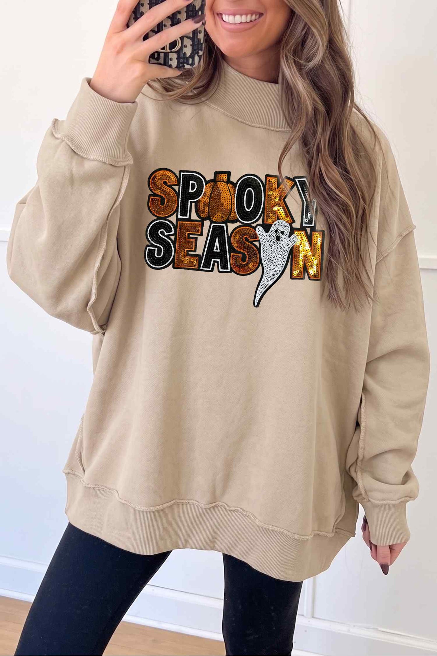 Sequin Spooky Season Ghost Mock Neck Halloween Sweatshirt