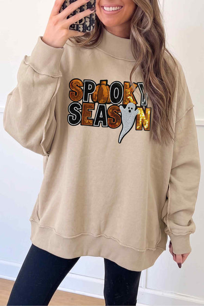 Sequin Spooky Season Ghost Mock Neck Halloween Sweatshirt