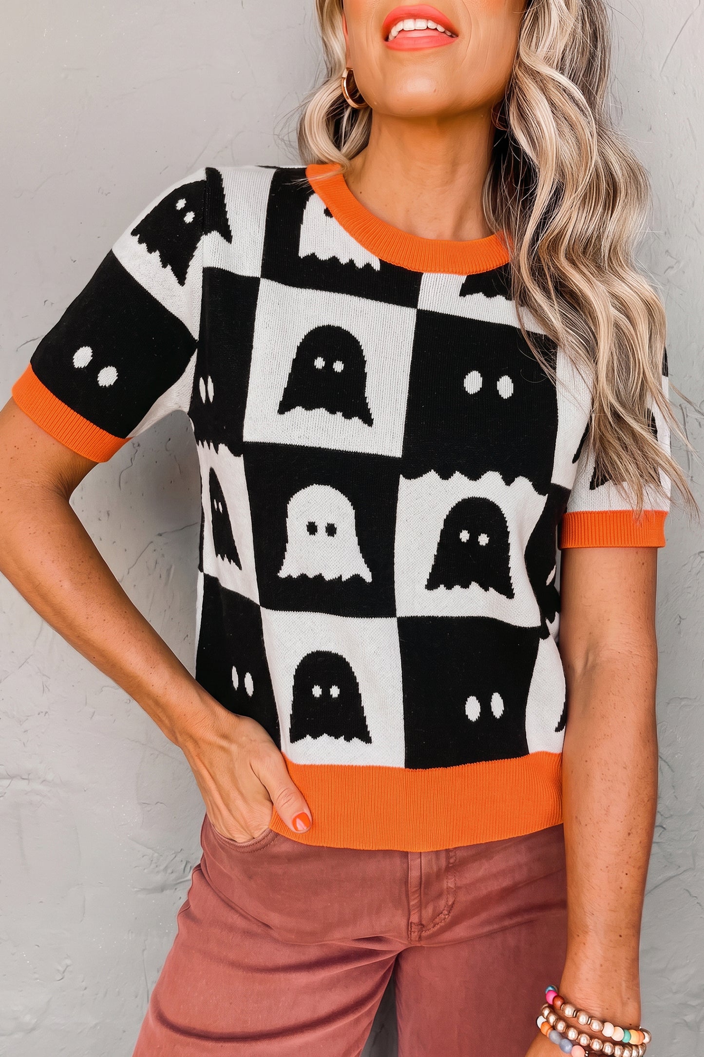 Halloween Ghost Checkered Short Sleeve Knit Sweater