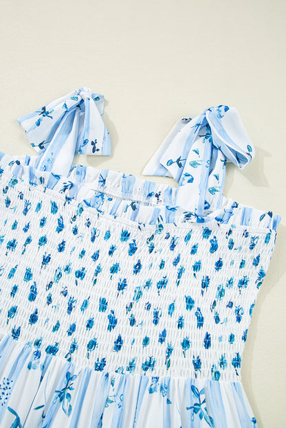 Sky Blue Floral Smocked Tiered Maxi Dress