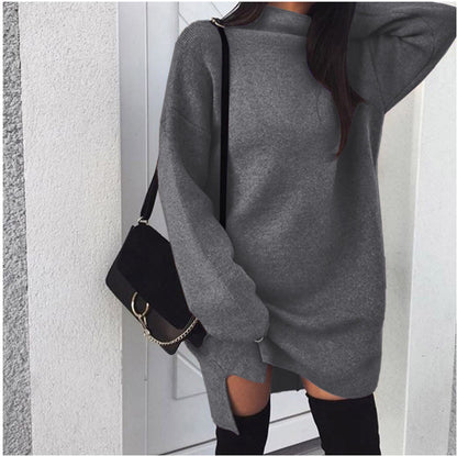 Oversized Turtleneck Fleece Dress Side Slit