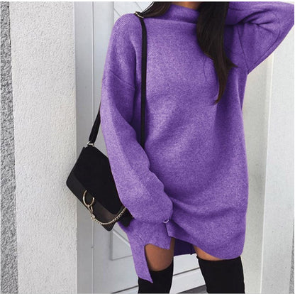 Oversized Turtleneck Fleece Dress Side Slit