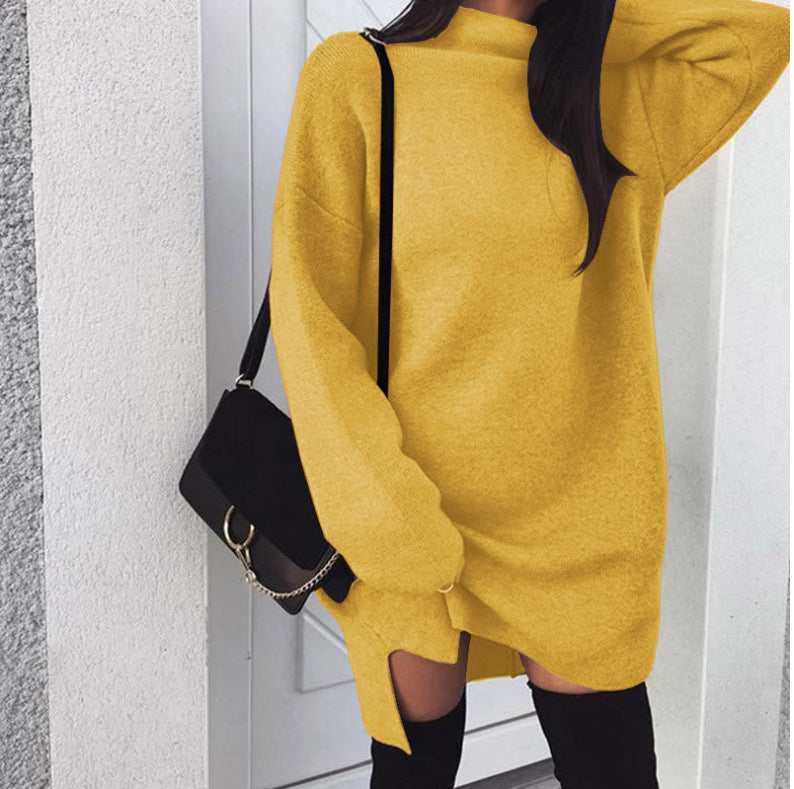 Oversized Turtleneck Fleece Dress Side Slit