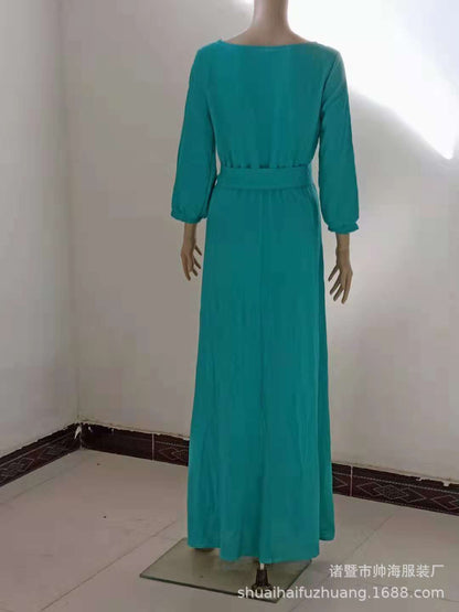 Women's Long Sleeve Tie Waist Maxi Dress A-Line Flowy