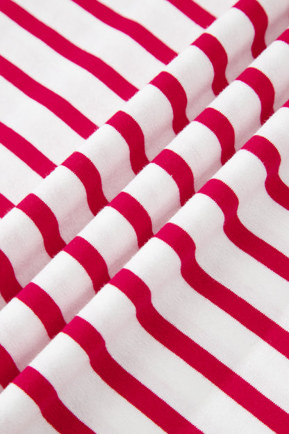 Red Stripe Scalloped Trim Short Sleeve Round Neck Tee