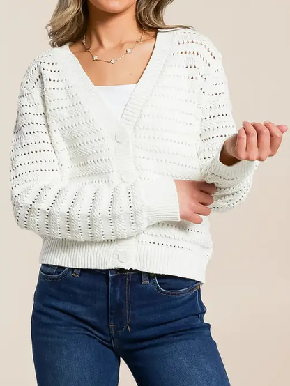 Crochet Knit Button Cardigan Lightweight V Neck Sweater