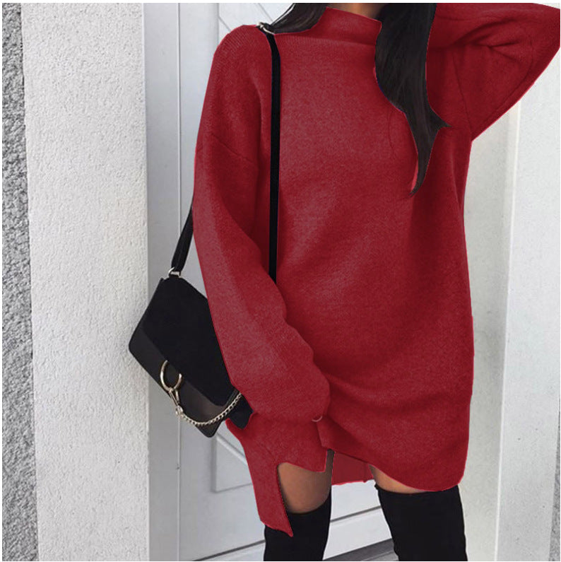 Oversized Turtleneck Fleece Dress Side Slit