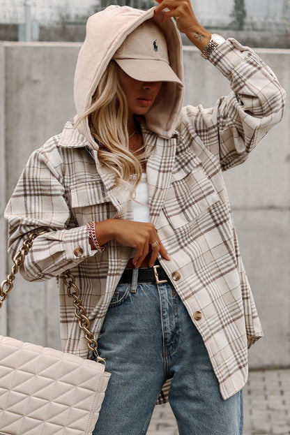 Neutral Khaki Plaid Oversized Shacket with Removable Hood