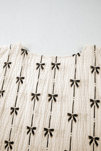 Women’s Beige Bow Print Puff Sleeve Casual Top