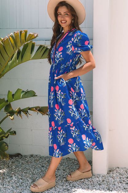 White Floral Contrast Trim V Neck Maxi Dress