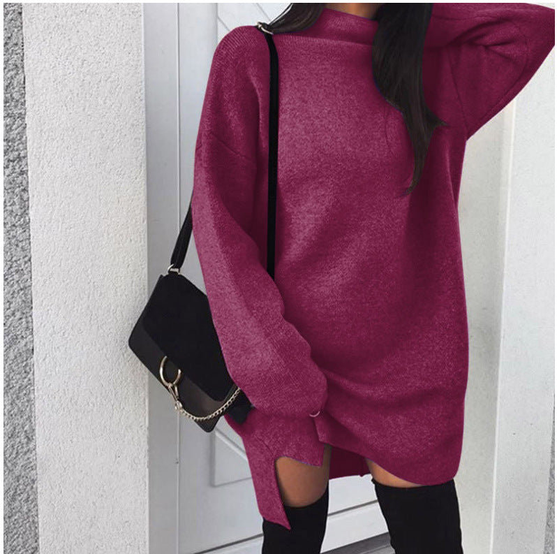 Oversized Turtleneck Fleece Dress Side Slit
