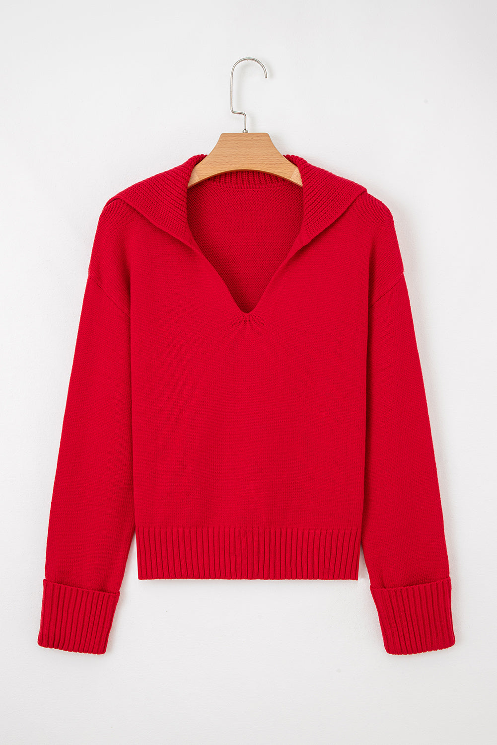 Chestnut Collared V Neck Ribbed Edge Sexy Elegant Sweater