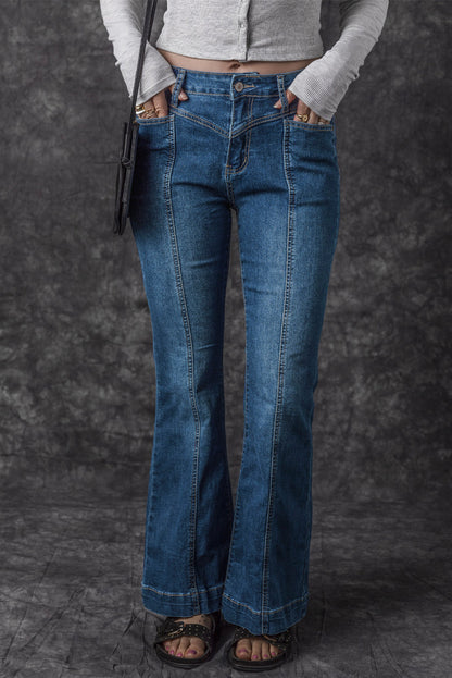 High Waist Flare Jeans with Contrast Seams & Pockets