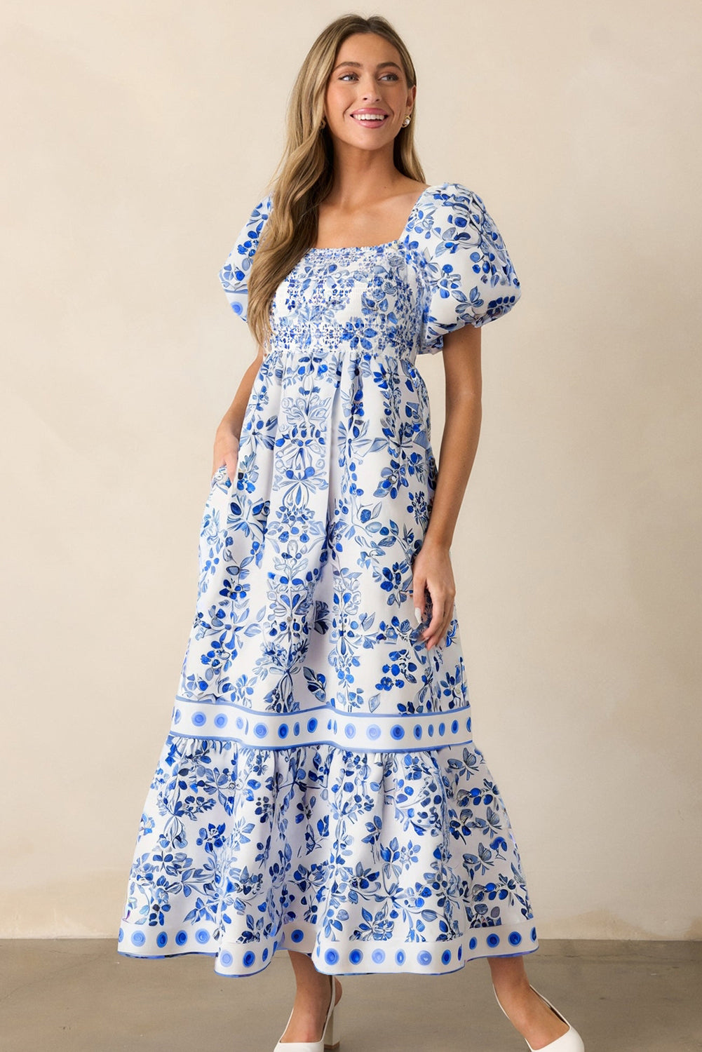 Blue Floral Square Neck Smocked Maxi Dress
