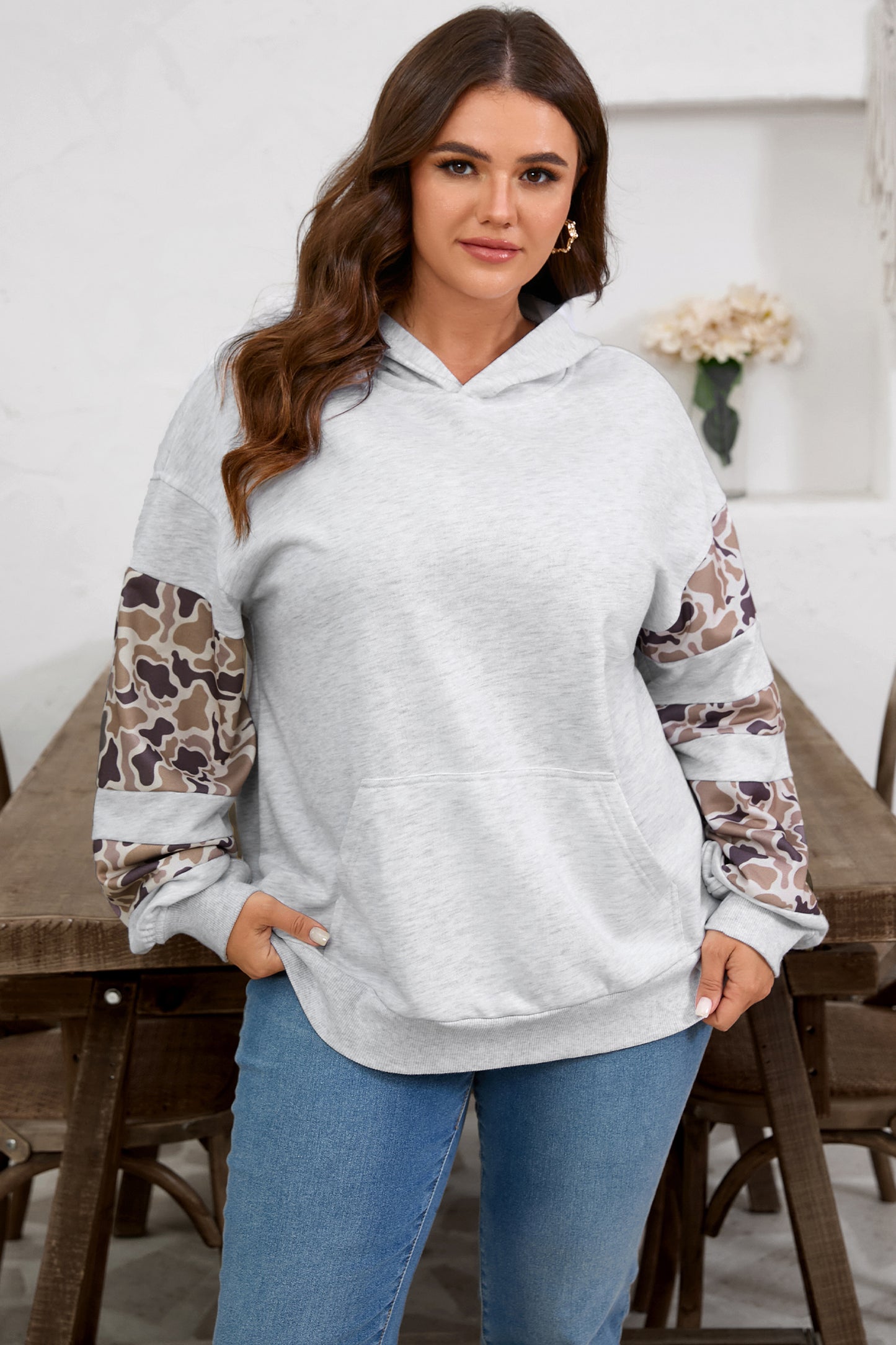 Light Gray Camo Patchwork Hoodie with Asymmetric Sleeves