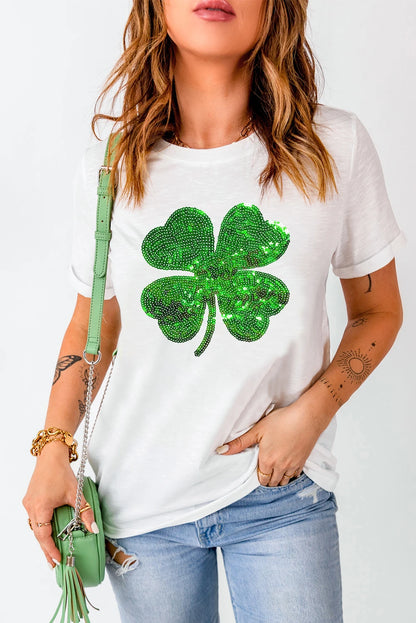 White Sequin Clover Graphic Tee for St Patrick’s Day