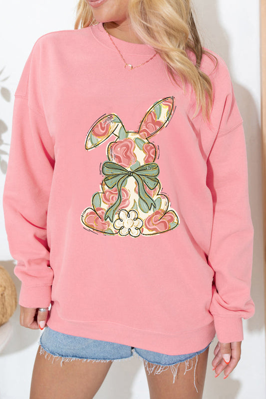 Easter Floral Bunny Bow Graphic Pink Casual Sweatshirt