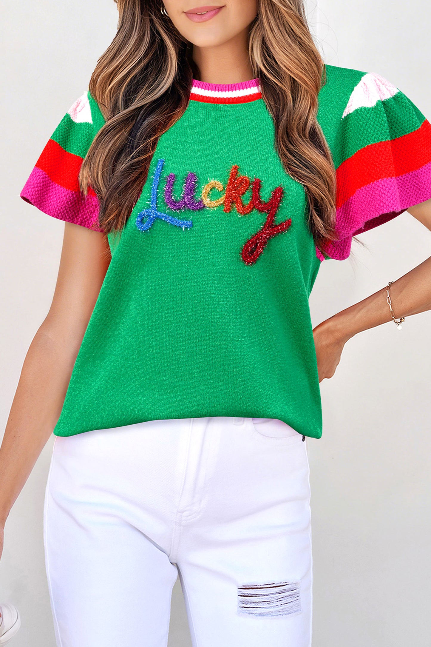Green St Patrick Lucky Embroidered Striped Sleeve Knit Tee