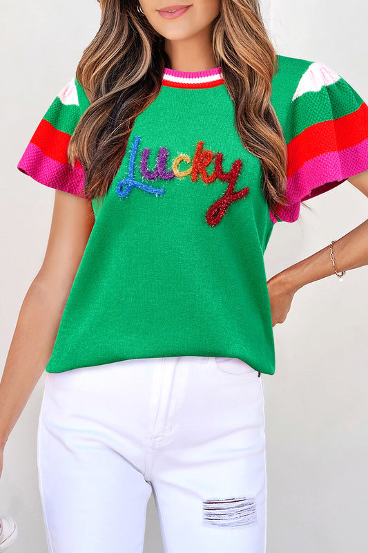 Green St Patrick Lucky Embroidered Striped Sleeve Knit Tee