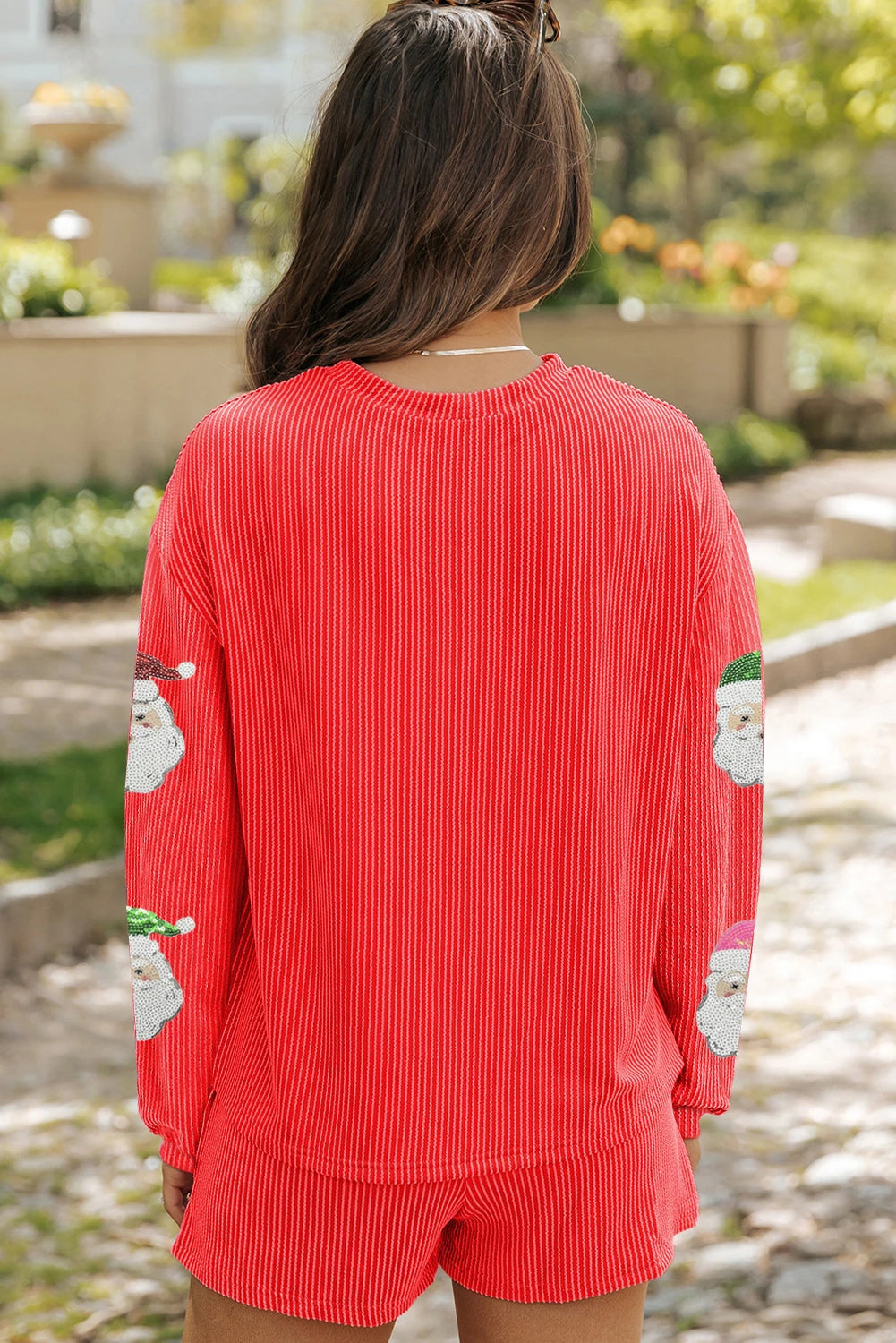 Gold Flame Father Christmas Sequin Patched Long Sleeve Top and Shorts Twisted Ribbed 2pcs Outfit