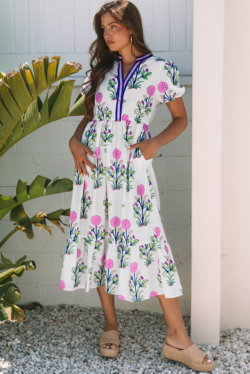 White Floral Contrast Trim V Neck Maxi Dress