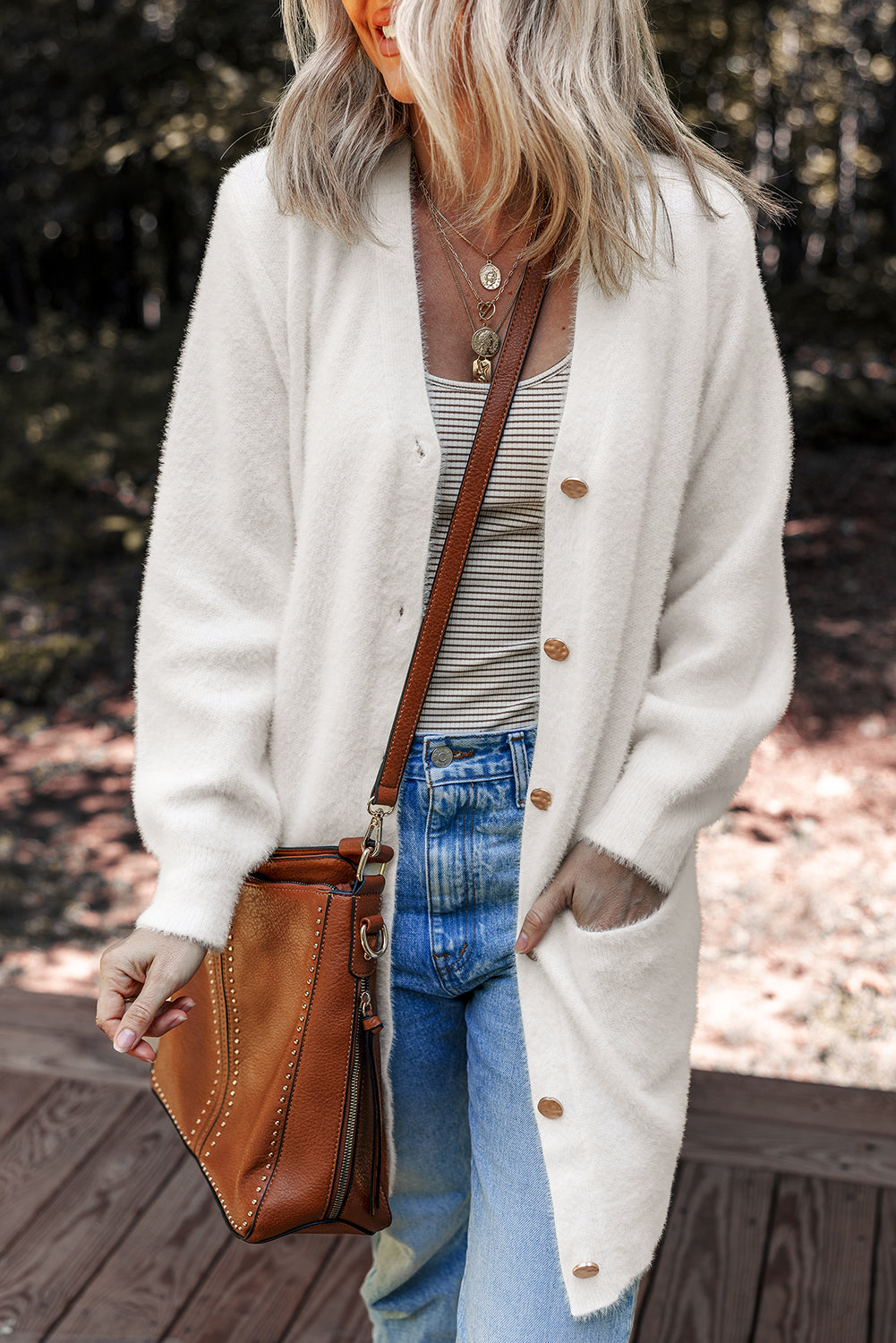 Soft Fuzzy Button Front Long Knit Cardigan with Pockets