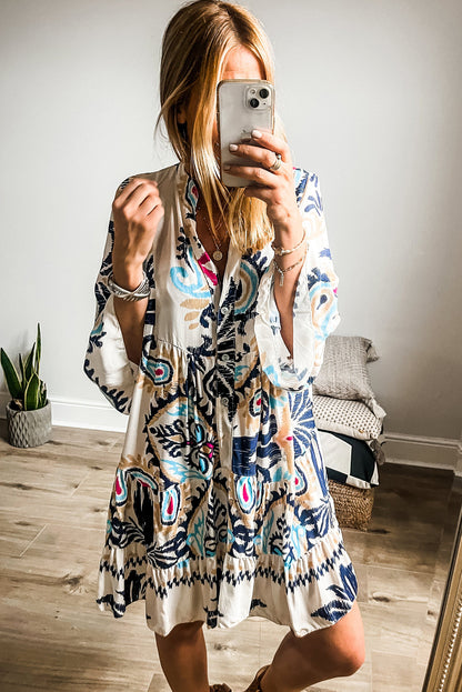 Boho Print Tiered Button Front Bell Sleeve Mini Dress