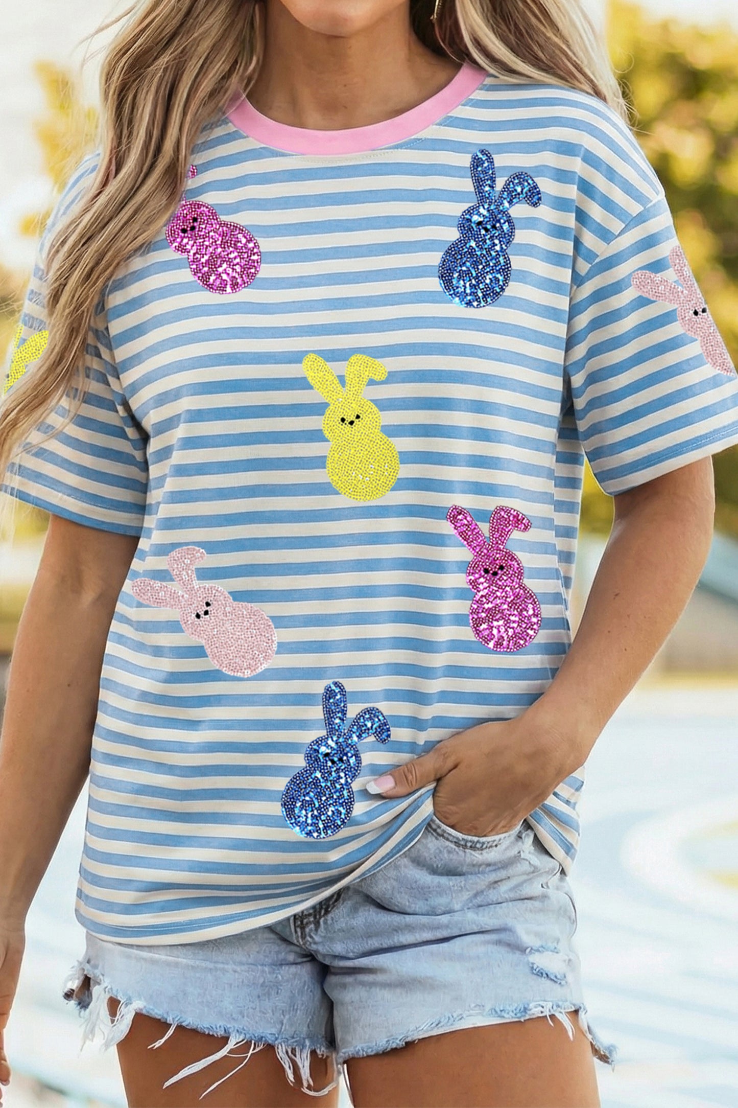 Easter Sequin Bunny Striped Short Sleeve Graphic Tee