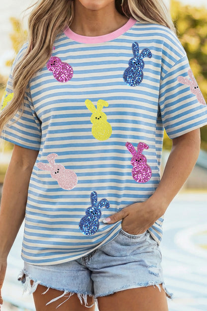 Easter Sequin Bunny Striped Short Sleeve Graphic Tee