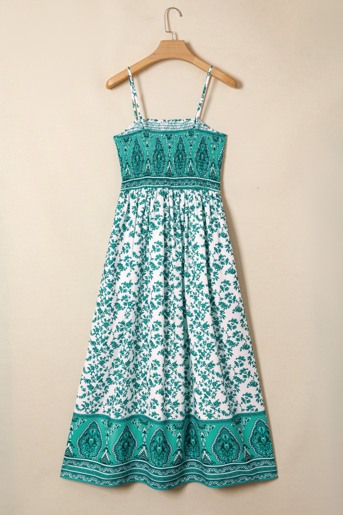 Boho Floral Maxi Dress Shirred Cami Strap Resort Style