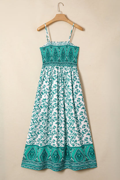 Boho Floral Maxi Dress Shirred Cami Strap Resort Style