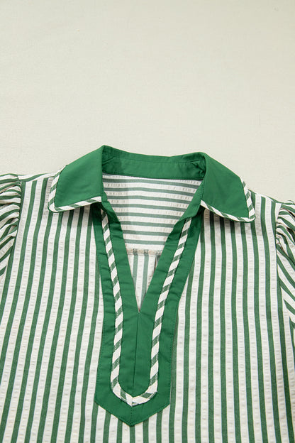 Khaki Striped Split Neck Puff Sleeve Blouse Top