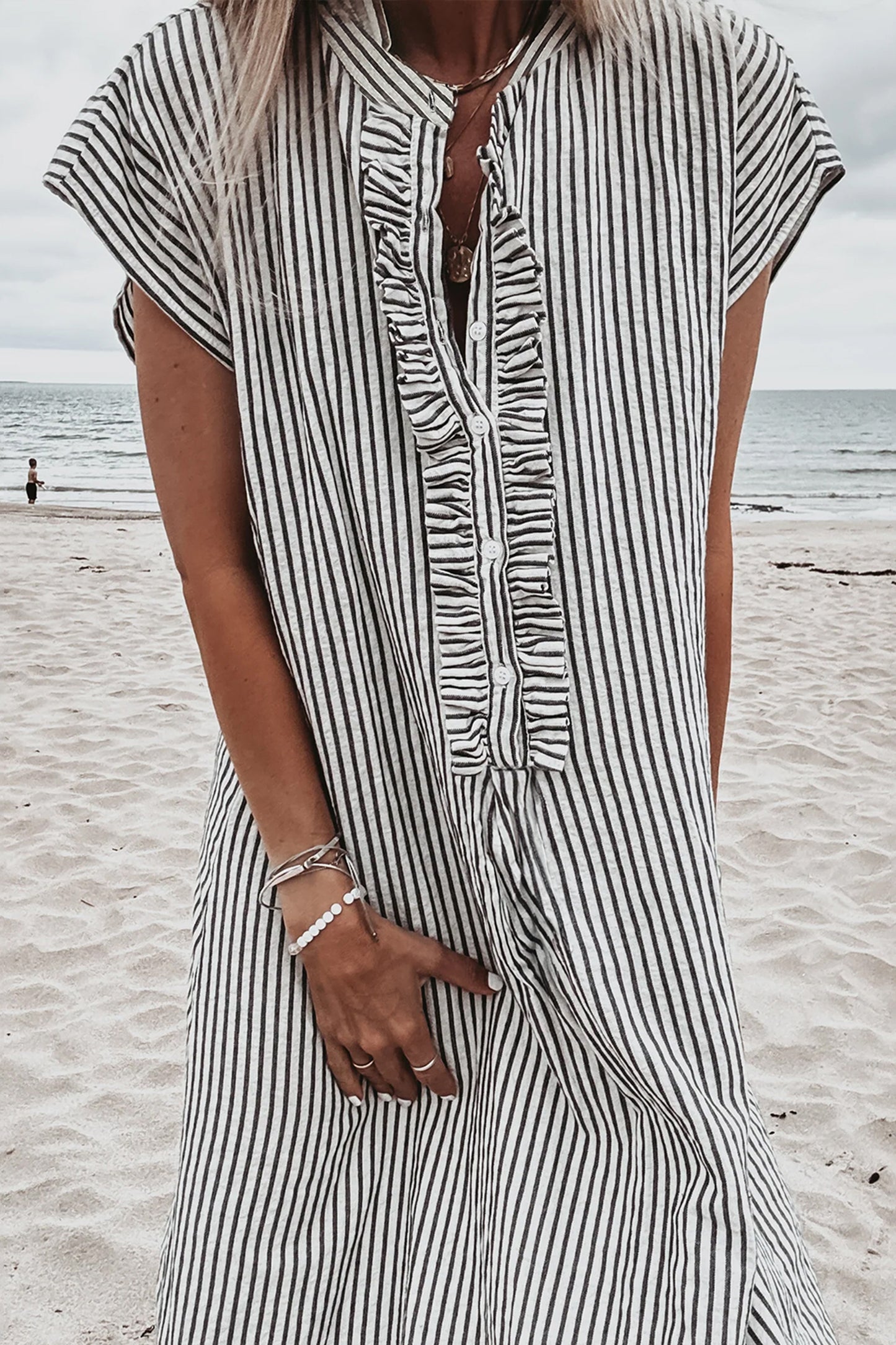 Black Stripe Ruffle Half-Button Short Sleeve Maxi Dress