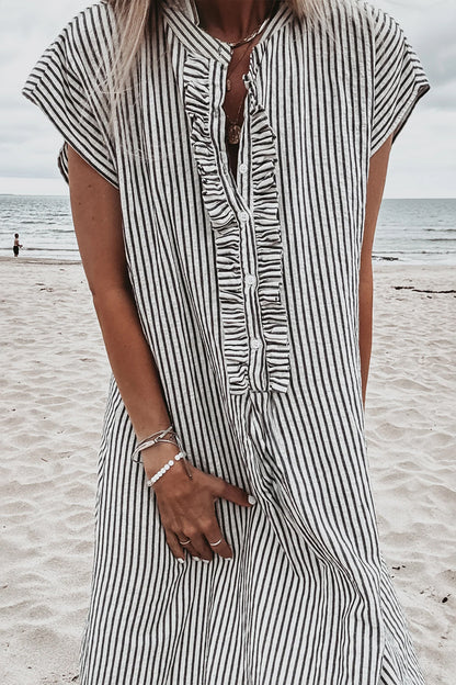 Black Stripe Ruffle Half-Button Short Sleeve Maxi Dress