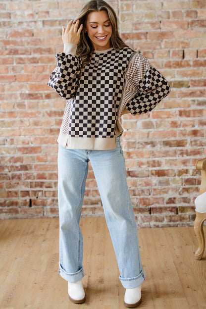 Khaki Checkered Patchwork High Low Round Neck Casual Top