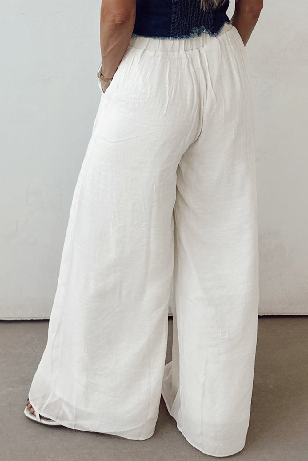 White High Waist Drawstring Wide Leg Palazzo Pants
