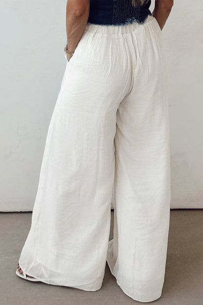 White High Waist Drawstring Wide Leg Palazzo Pants