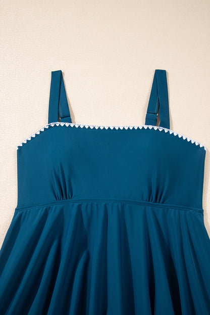 Navy Ricrac Trim Flared Spaghetti Strap Tankini Set