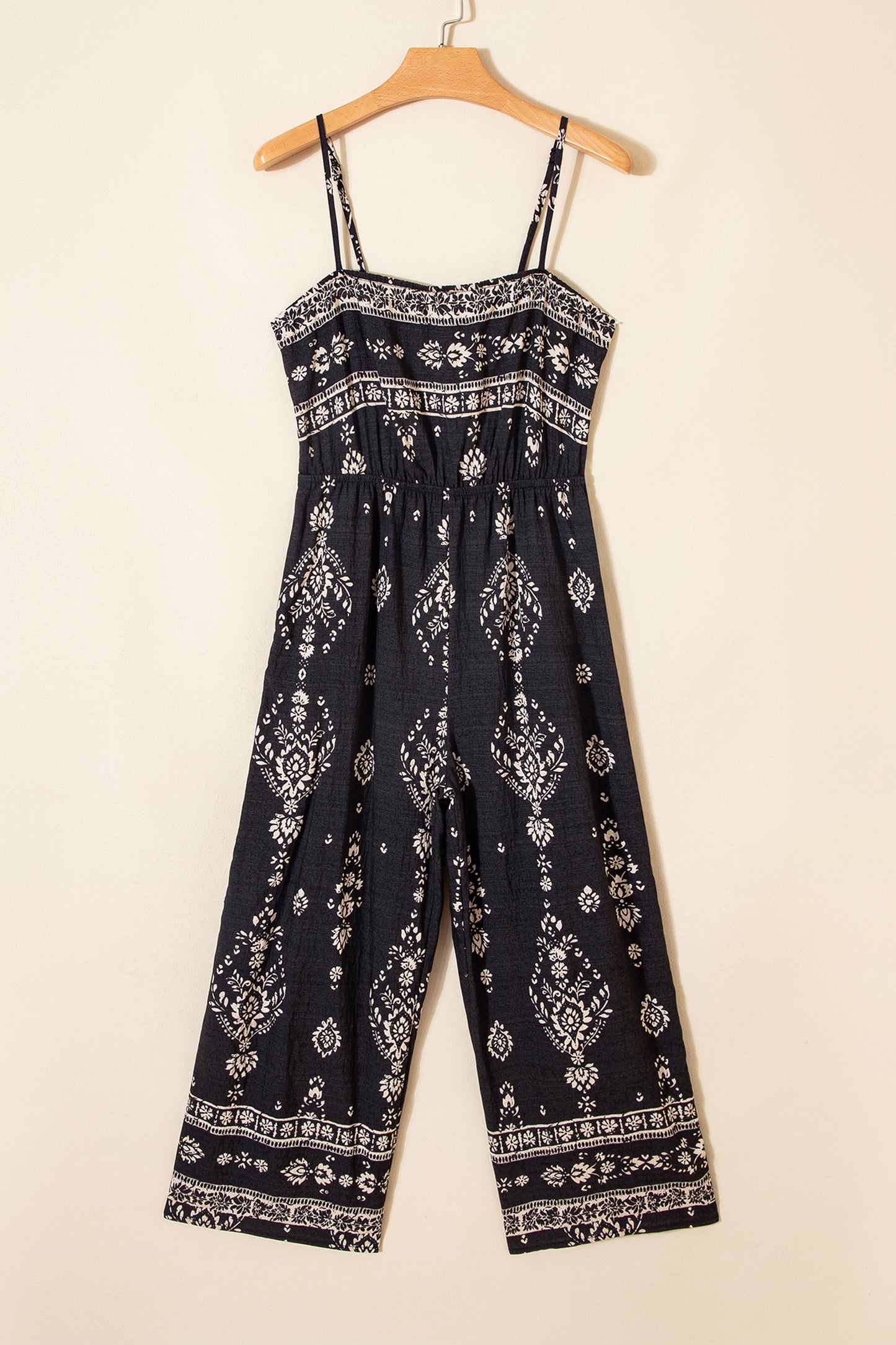 Black Boho Print Spaghetti Strap Wide Leg Jumpsuit