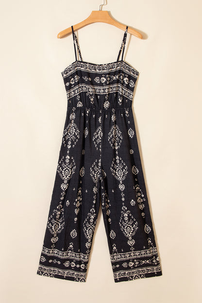 Black Boho Print Spaghetti Strap Wide Leg Jumpsuit