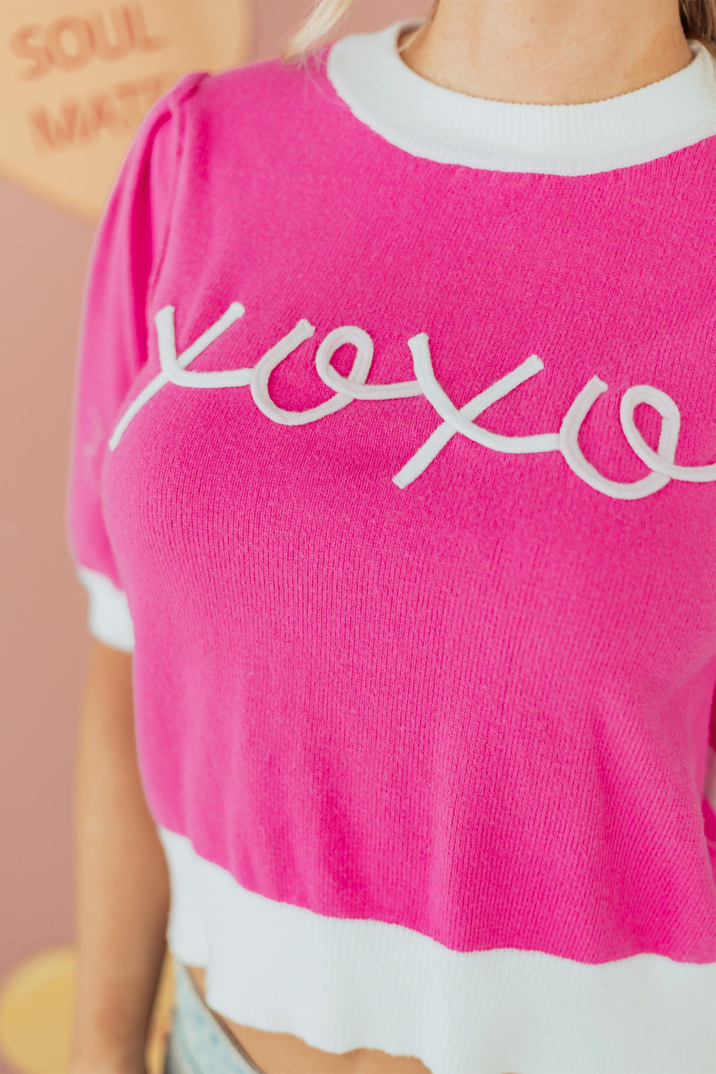 Bright Pink XOXO Puff Sleeve Contrast Knit Valentine Sweater Top