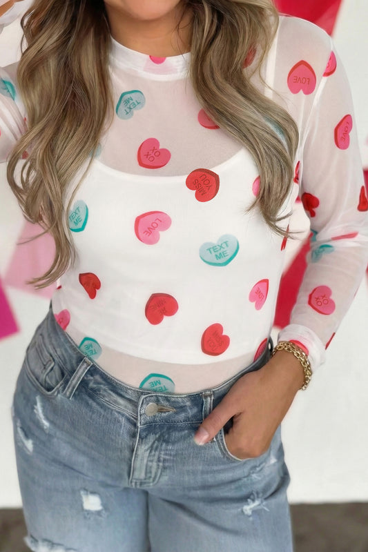 White Sheer Mesh Slogan Heart Printed Long Sleeve Top