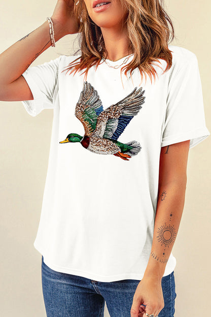 Rhinestone Duck Graphic Tee Crew Neck Casual T Shirt
