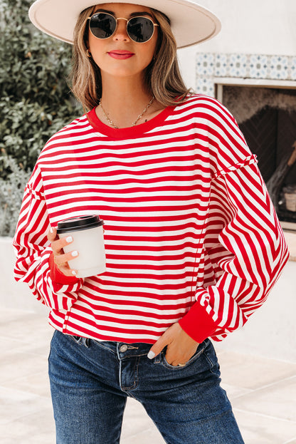Red Stripe Oversized Pullover Exposed Seam Long Sleeve Top