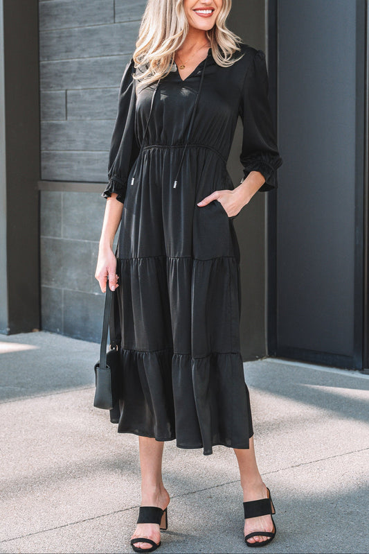 Black Flounced Bracelet Sleeve V Neck Tiered Maxi Dress