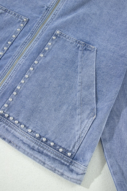 Pearl Studded Oversized Denim Zip Front Jacket