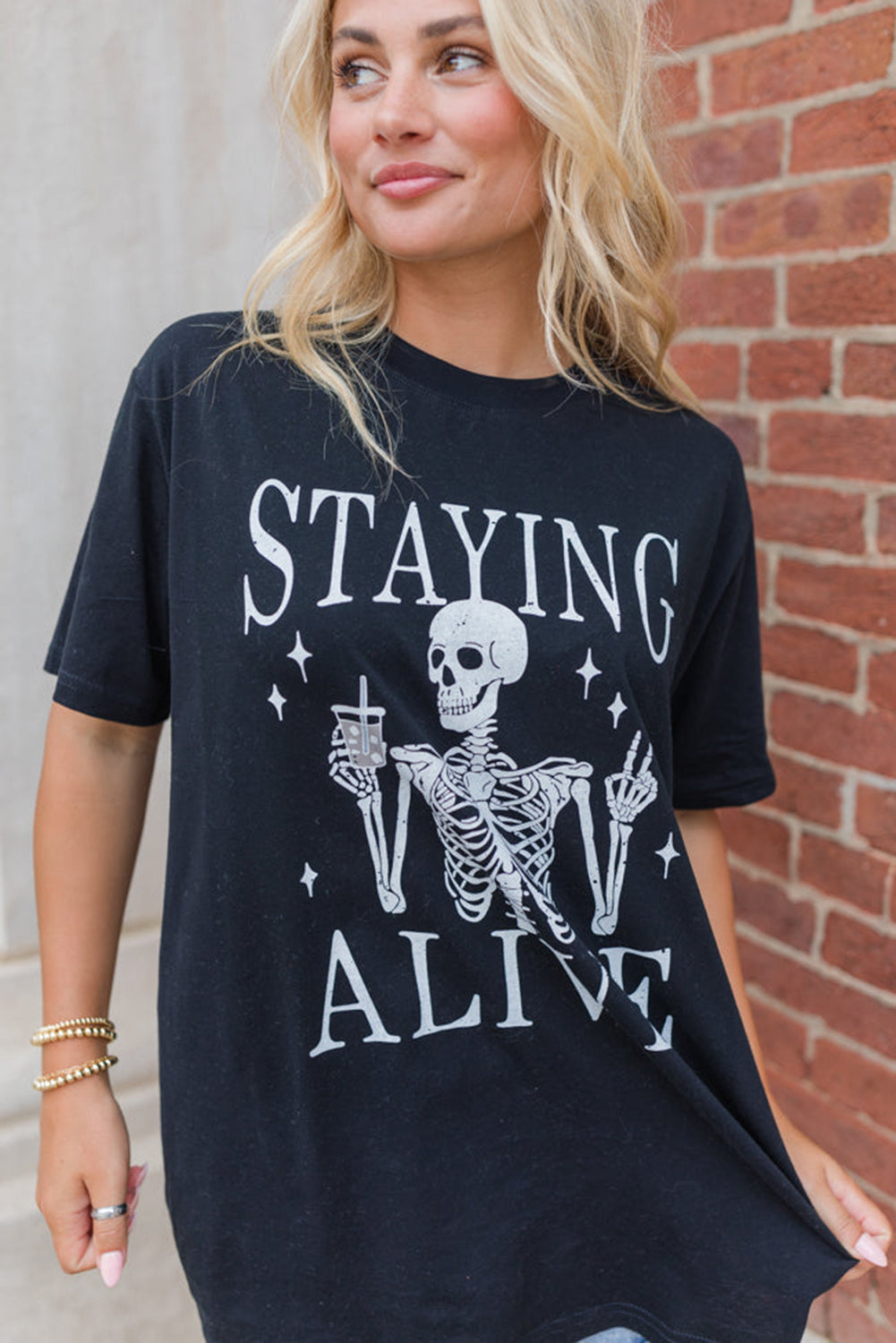 Black Staying Alive Skeleton Halloween Graphic T Shirt