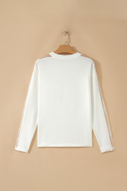 White Lace Sleeve Casual Round Neck Long Sleeve Top Women